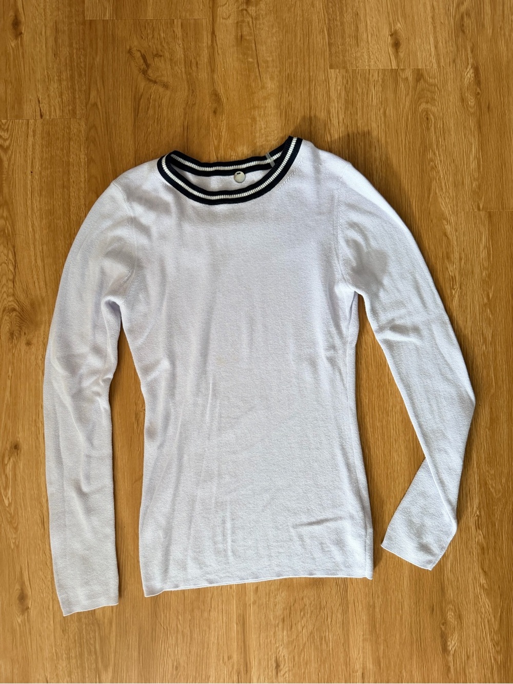 Lavender Long-Sleeve Knit Top with Contrast Stripe Neckline